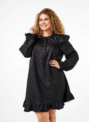 Zizzifashion Jacquard dress with long sleeves and ruffle detail, Black, Model image number 0