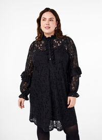 Short lace dress with ruffle detail, Black, Model