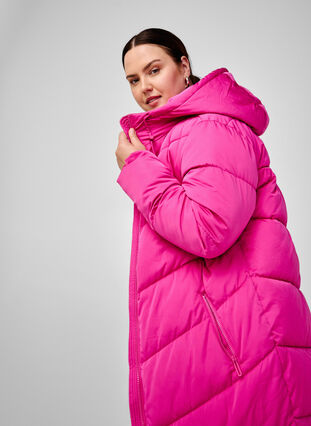 Zizzifashion Long puffer coat with hood and pockets, Rose Violet, Image image number 0