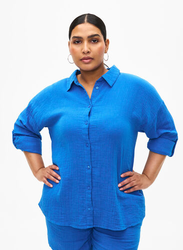 Zizzifashion Shirt with cotton muslin collar, Victoria blue, Model image number 0