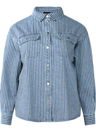 Zizzifashion Solid-colored denim shirt with chest pockets, Light B.Denim Stripe, Packshot image number 0