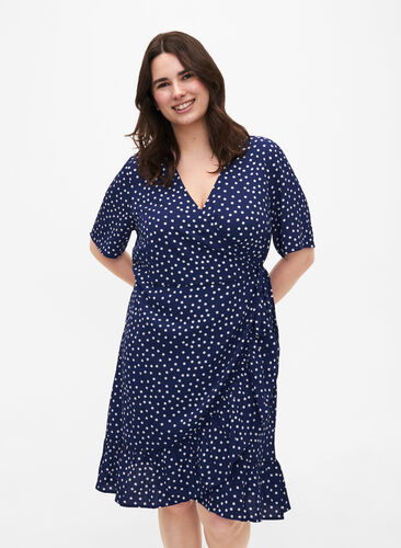 Zizzifashion Printed wrap dress with short sleeves, Navy Blazer Dot AOP, Model image number 0