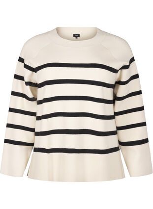 Zizzifashion Striped knitted blouse with round neck, Birch w. Black, Packshot image number 0