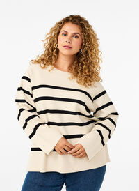 Striped knitted blouse with round neck, Birch w. Black, Model