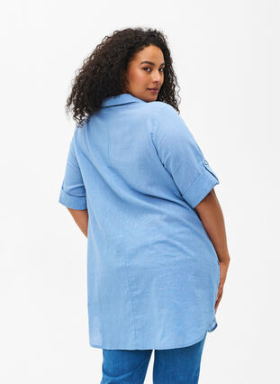 Zizzifashion Short-sleeved cotton blend tunic with linen, Faded Denim, Model image number 1
