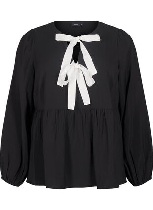 Zizzifashion Viscose blouse with bows and long sleeves, Black White Bow, Packshot image number 0