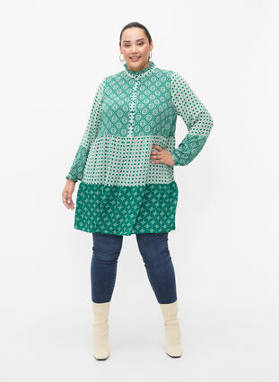 Zizzifashion A-shape dress with patterns and cutlines, Green AOP, Model image number 2