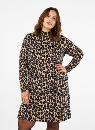 Zizzifashion FLASH - Long sleeve dress with turtleneck, Leopard Print, Model image number 0