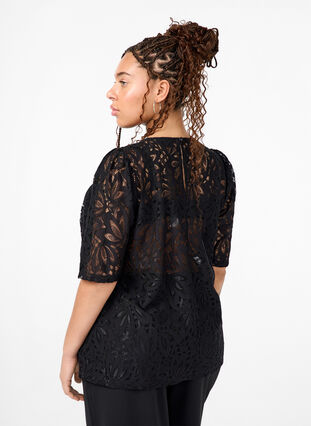 Zizzifashion Lace blouse with short sleeves, Black, Model image number 1