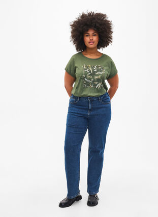 Zizzifashion Organic cotton T-shirt with gold print, Thyme W. Free, Model image number 2