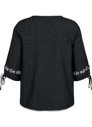 Zizzifashion Embroidered blouse in cotton blend with linen, Black W. EMB, Packshot image number 1