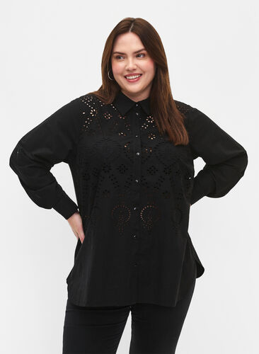 Zizzifashion Cotton shirt with broderie anglaise, Black, Model image number 0