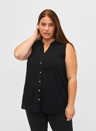 Zizzifashion Sleeveless viscose blouse with crochet detail, Black, Model image number 0
