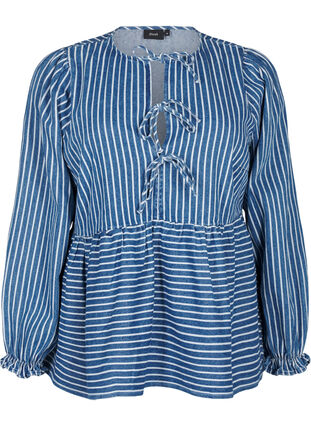 Zizzifashion Striped denim blouse with front tie, Blue Denim Stripe, Packshot image number 0