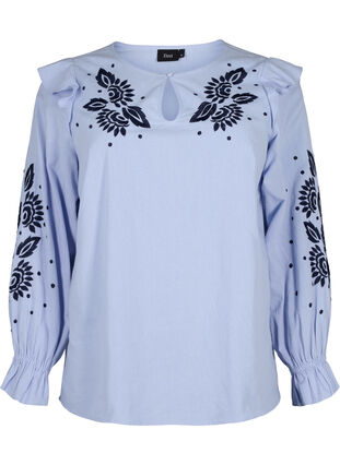 Zizzifashion Cotton blouse with embroidery and ruffles, Ch. Blue w. Navy, Packshot image number 0
