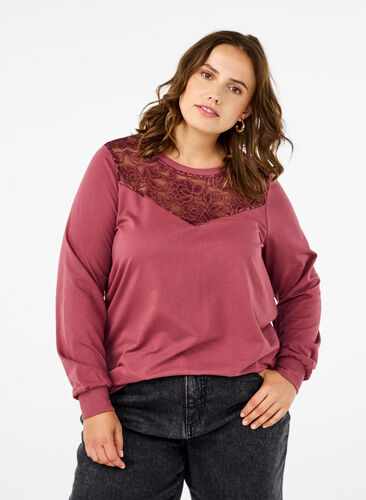 Zizzifashion Sweatshirt with lace details, Rose Brown, Model image number 0