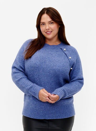 Zizzifashion Melange pullover with pearl buttons, Coastal Fjord Mel., Model image number 0