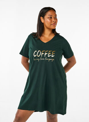 Zizzifashion Organic cotton nightdress with V-neck, Scarab Coffee, Model image number 0