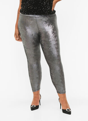 Zizzifashion Silver leggings with high waist, Dark Silver, Model image number 2