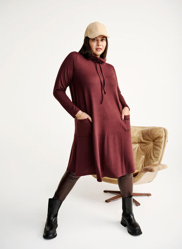 Zizzifashion Jersey dress with high neck and pockets, Fudge, Image image number 0