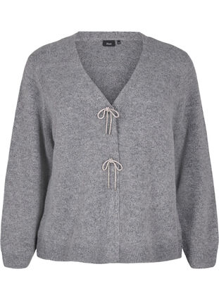 Zizzifashion Knitted cardigan with a silver bow, Medium Grey Melange, Packshot image number 0