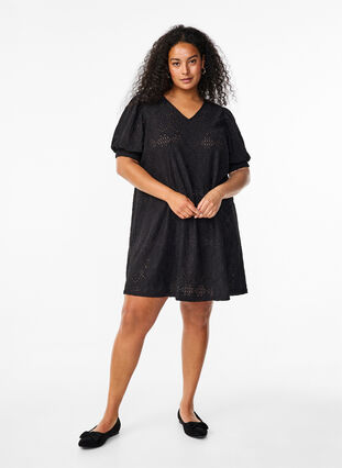 Zizzifashion Short dress with v-neck and hole pattern, Black, Model image number 2