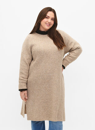 Zizzifashion Rib-knit dress with slit, Simply Taupe Mel., Model image number 0