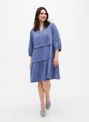 Zizzifashion 3/4 sleeve cotton dress with ruffles, Moonlight Blue, Model image number 2