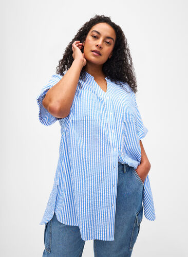 Zizzifashion Striped shirt with chest pockets, Light Blue Stripe , Model image number 0