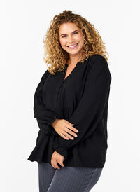 Long-sleeved blouse with a V-neck, Black, Model