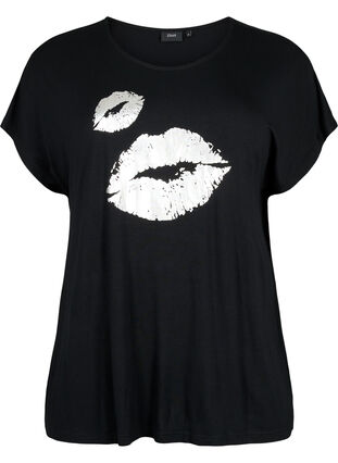 Zizzifashion Short-sleeved viscose t-shirt with print, Black W. Lips, Packshot image number 0