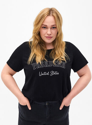 Zizzifashion Cotton T-shirt with text, Black W. Pasadena, Model image number 0