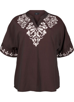 Zizzifashion Short-sleeved blouse with print and ruffles, Seal Brown, Packshot image number 0