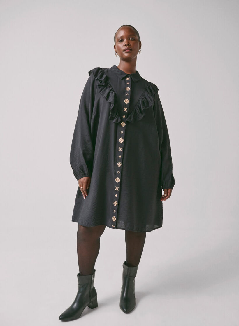 Shirt dress with ruffles and embroidery, , Model