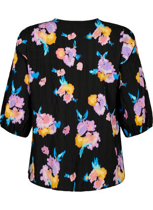 Zizzifashion Floral blouse with round neck and zip, Black w. Flower AOP, Packshot image number 1