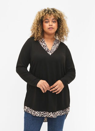 Zizzifashion Long sleeve blouse with look a-like shirt, Black Leo AOP, Model image number 0