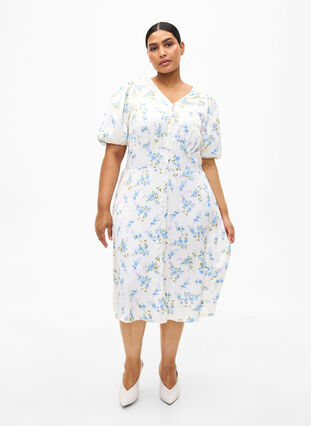 Zizzifashion Floral satin dress with puff sleeves, Off White Blue Fl., Model image number 3