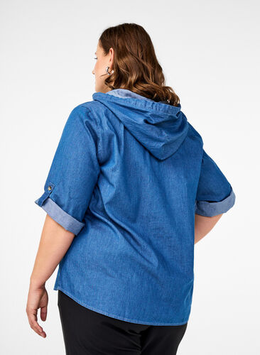 Zizzifashion Denim blouse with hood, Medium Blue Denim, Model image number 1