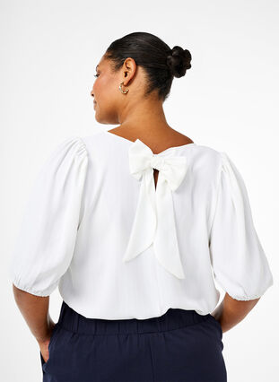 Zizzifashion Short-sleeved blouse with a bow at the back, Bright White, Model image number 1