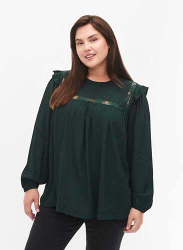 Zizzifashion Viscose blouse with frills and lace, Scarab, Model image number 0