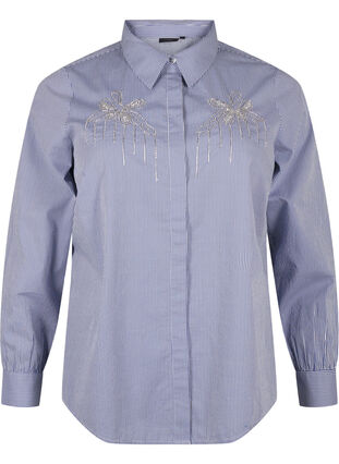 Zizzifashion Organic cotton shirt with bead embroidery, Blue White Stripe, Packshot image number 0