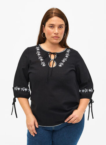 Zizzifashion Embroidered blouse in cotton blend with linen, Black W. EMB, Model image number 0