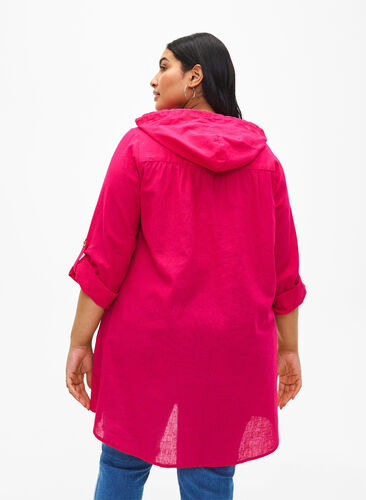 Zizzifashion Hooded tunic in cotton and linen, Bright Rose, Model image number 1