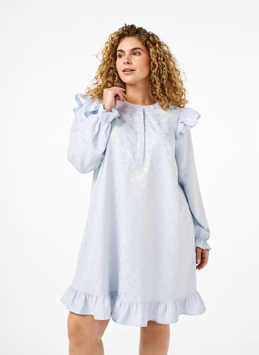 Zizzifashion Jacquard dress with long sleeves and ruffle detail, Ancient Water, Model image number 0