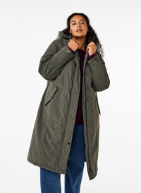 Parka coat with hood and adjustable waist, Black Olive, Model