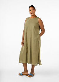 Sleeveless cotton blend dress with linen, Deep Lichen Green, Model