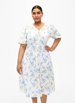 Zizzifashion Floral satin dress with puff sleeves, Off White Blue Fl., Model image number 0