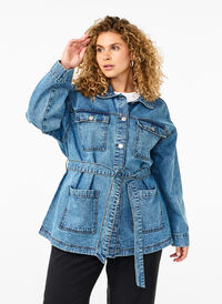 Denim jacket with a tie belt, Blue Denim, Model