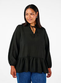 Long-sleeved blouse with peplum, Black, Model