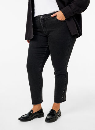 Zizzifashion Cropped Emily jeans with frayed hem, Dark Grey Denim, Model image number 2